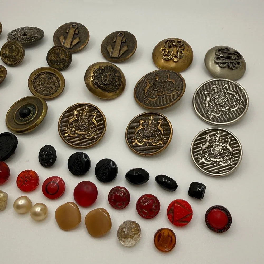 Vintage and Antique Button Lot Mixed Materials Brass Glass Military 60+ Pieces